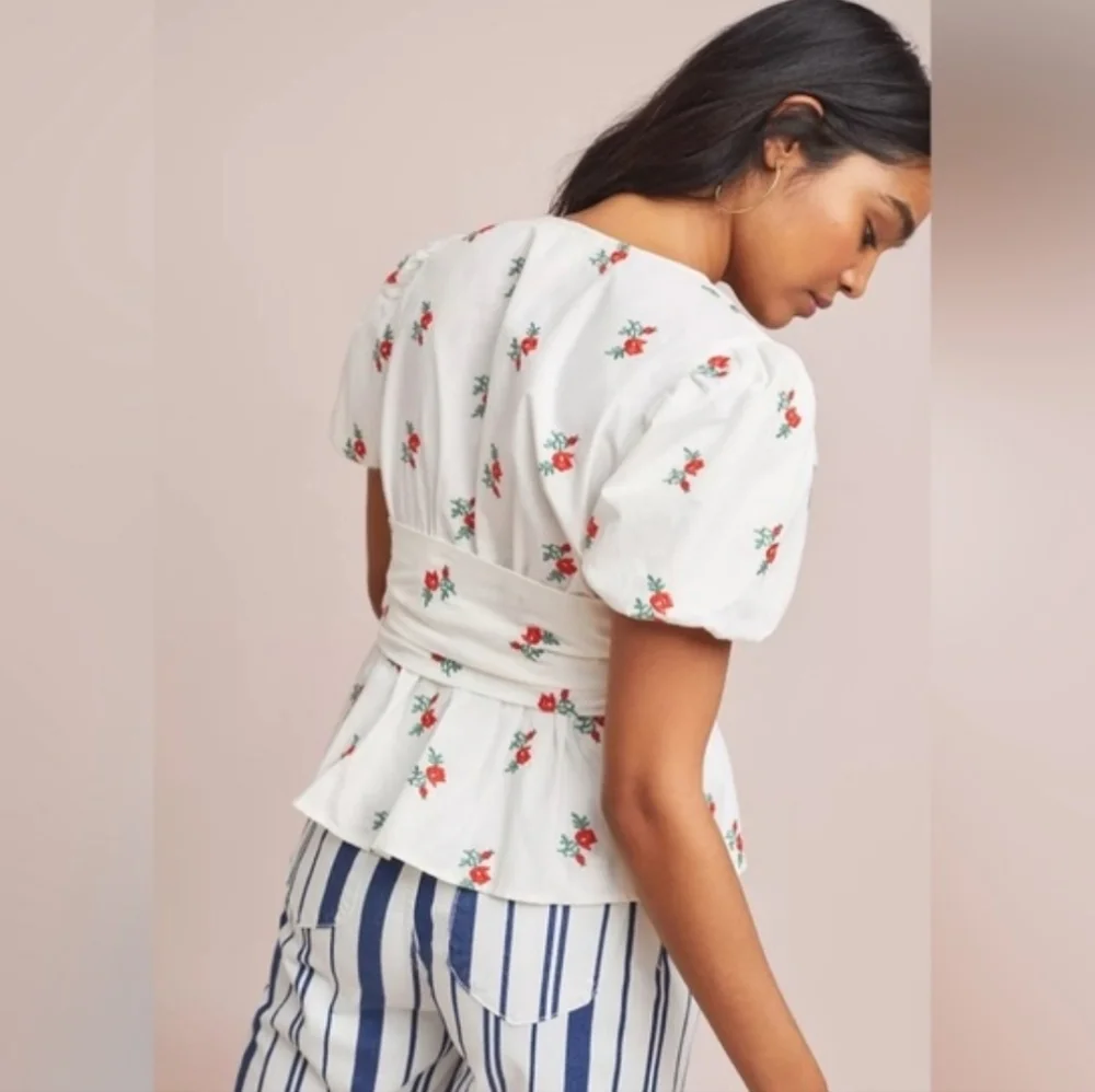 Anthtopologie Maeve Rosalie Embroidered Blouse White Poplin Cotton